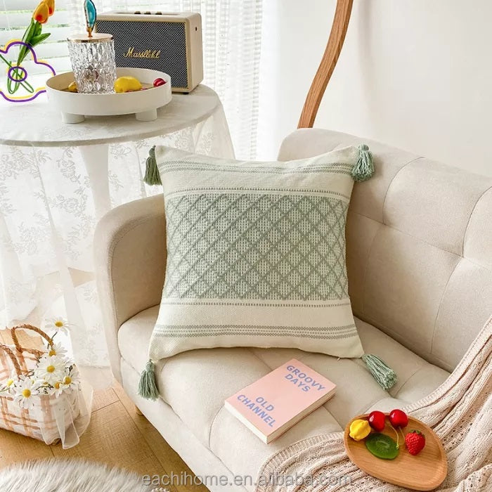 Custom Woven Moroccan Boho Tassel Style Tufted Square Cushion Covers Home Decoration 45x45cm (18 x 18 Inches)-3