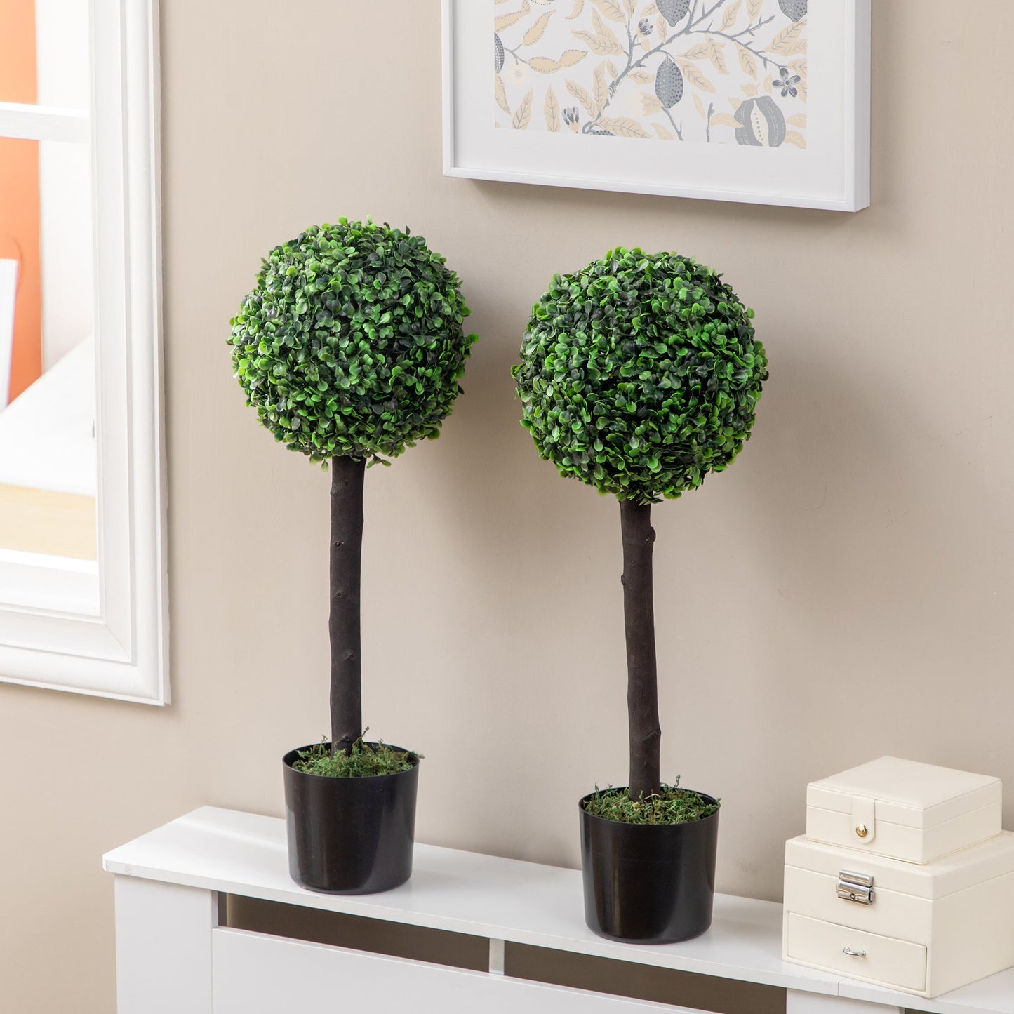 Set of 2 Artificial Plants Boxwood Ball Trees in Pot Fake Plants for Home Indoor Outdoor Decor, 20x20x60cm, Green-1