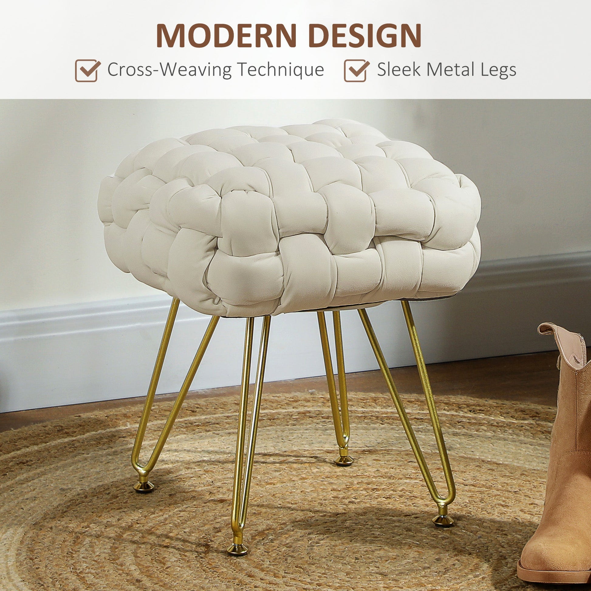 Velvet-Feel Bold Woven Footstool - Cream White-3