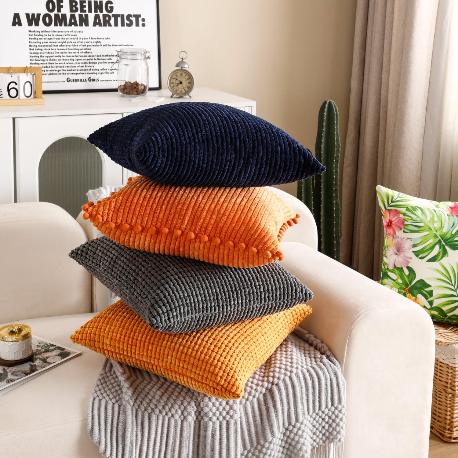 Corduroy Cushion Covers Home Sofa 50x50CM - Blue-1