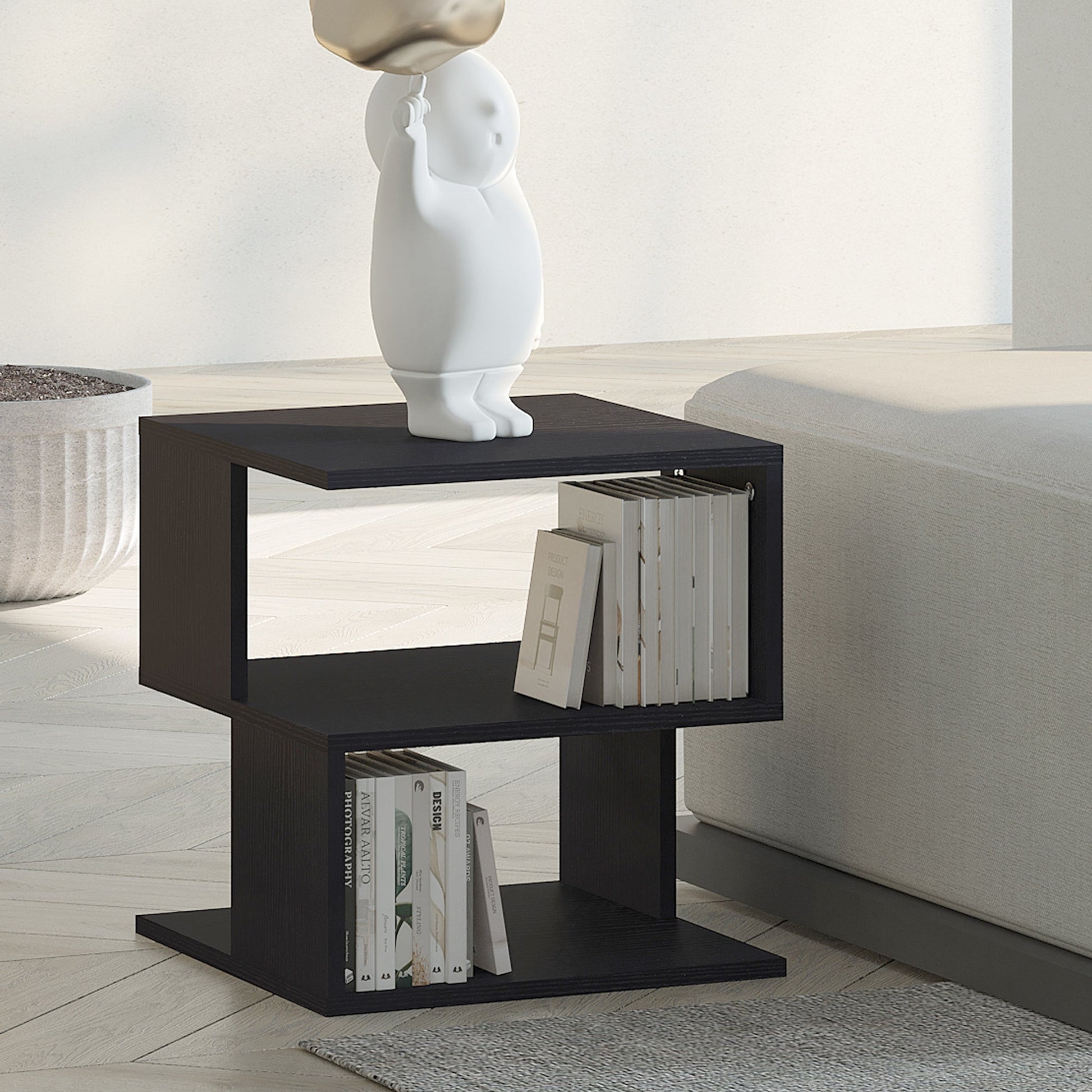 Modern Square 2 Tier Wood Coffee Side Table Storage Shelf Rack Living Room Black-1