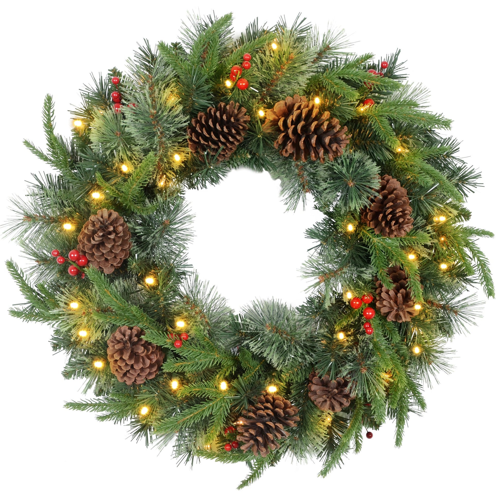 60" Cone and Berry Christmas Wreath, with LED Lights-0