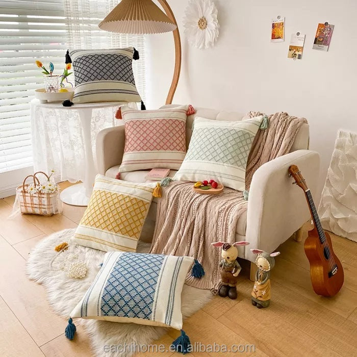 Custom Woven Moroccan Boho Tassel Style Tufted Square Cushion Covers Home Decoration 45x45cm (18 x 18 Inches)-0