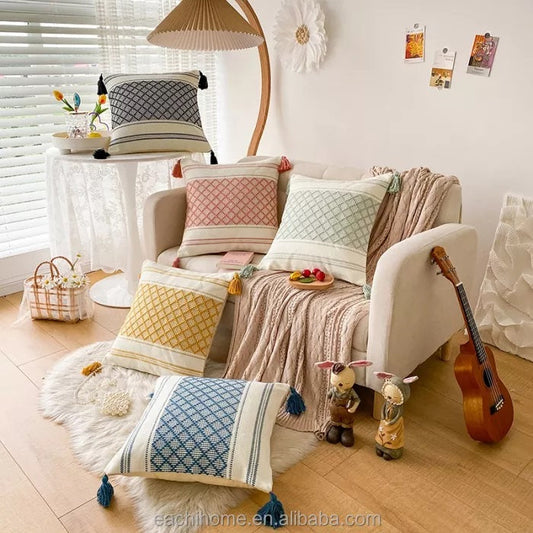 Custom Woven Moroccan Boho Tassel Style Tufted Square Cushion Covers Home Decoration 45x45cm (18 x 18 Inches)-0