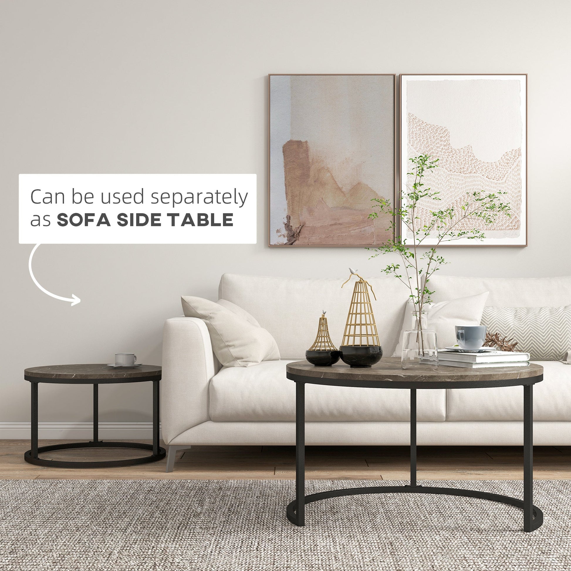 Industrial Nesting Coffee Table Set of 2, Round Coffee Tables, Living Room Table with Faux Marbled Top and Steel Frame-4