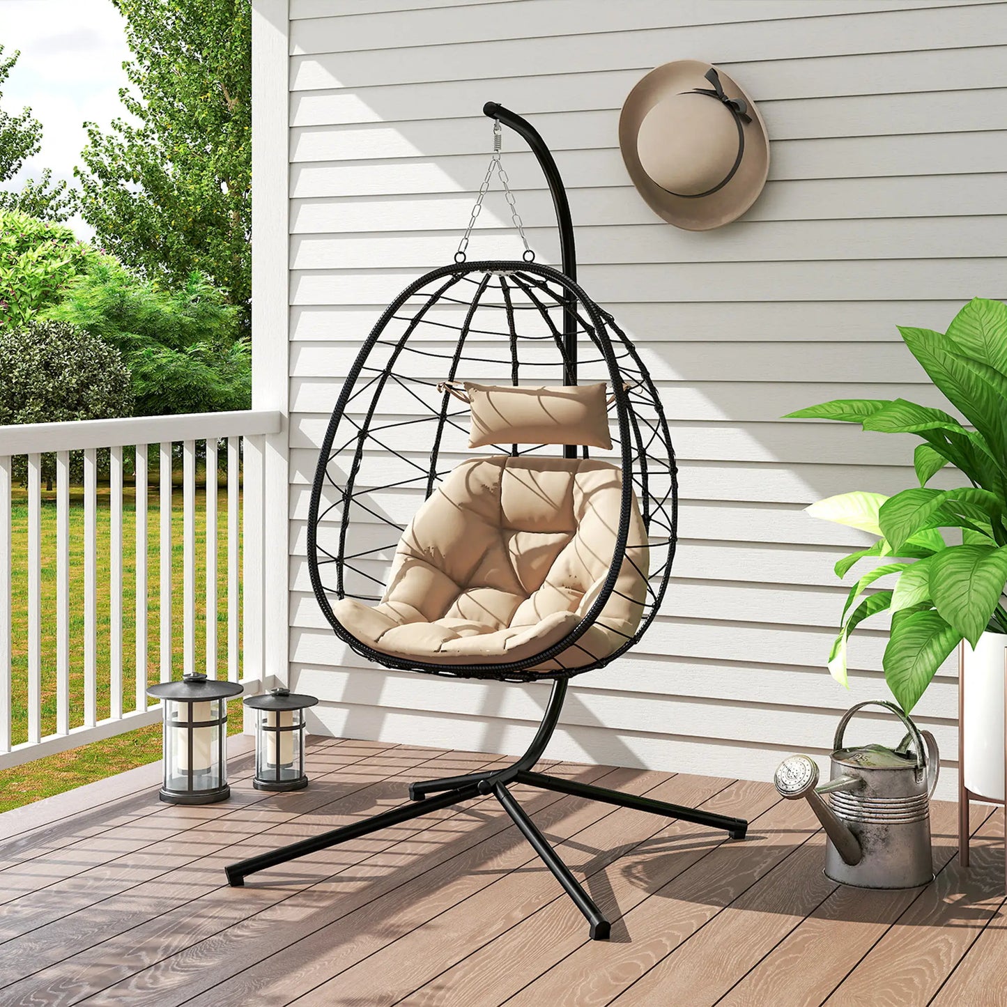 Serenity Rattan Hanging Egg Chair with Stand & Cushion - Black