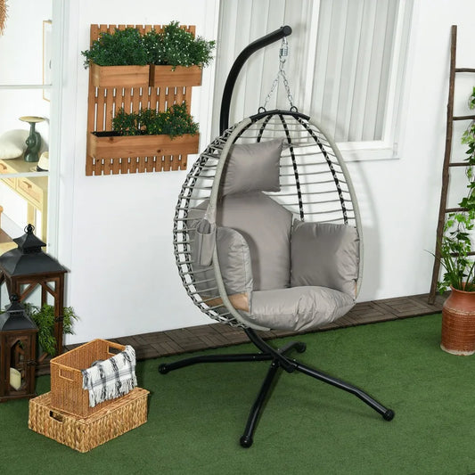 Rattan Hanging Egg Chair with Stand and Cushions - Grey