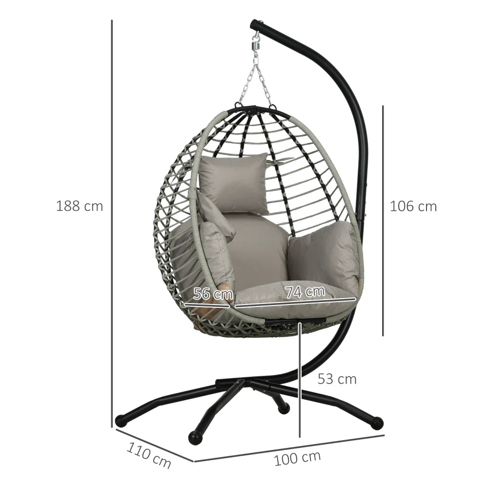 Rattan Hanging Egg Chair with Stand and Cushions - Grey
