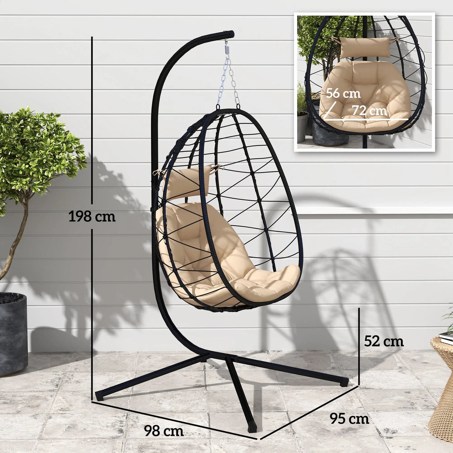 Serenity Rattan Hanging Egg Chair with Stand & Cushion - Black