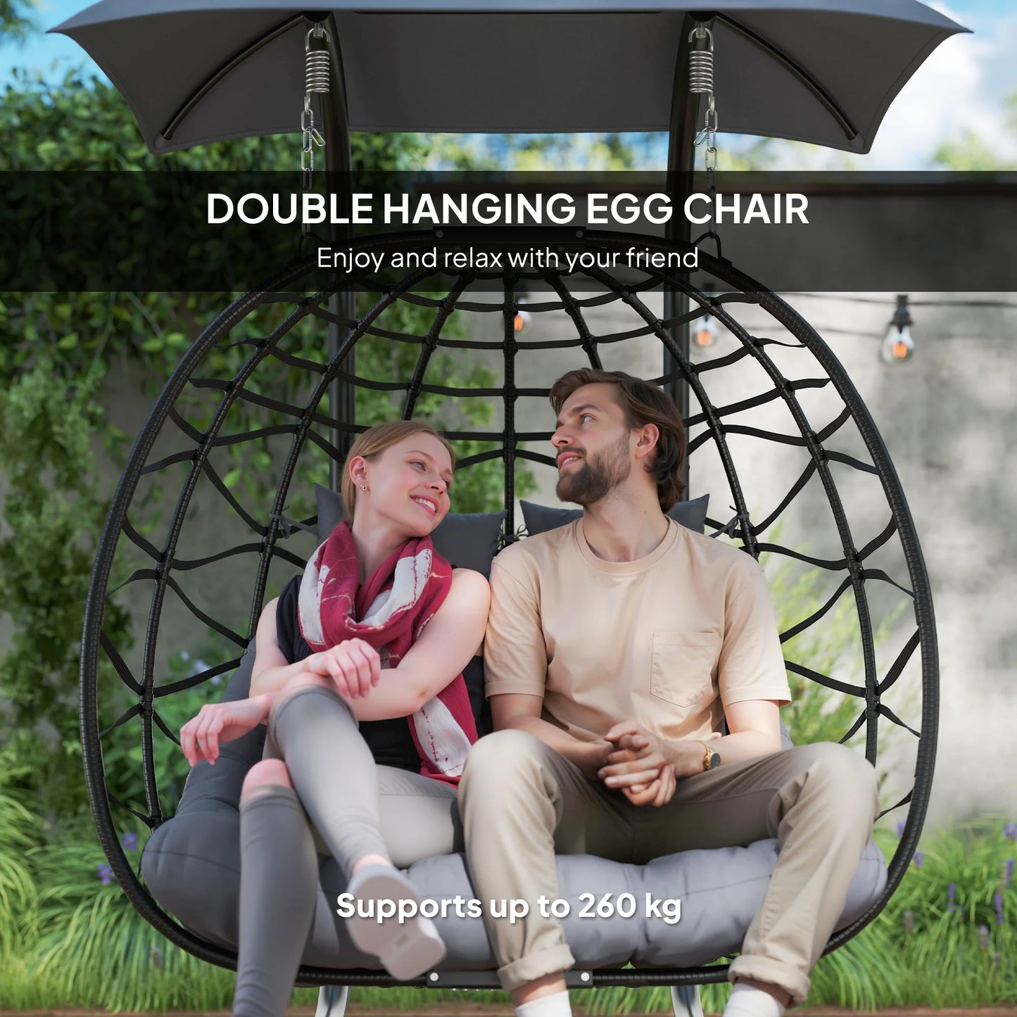 Outsunny Rattan Double Hanging Egg Chair with Canopy - Black