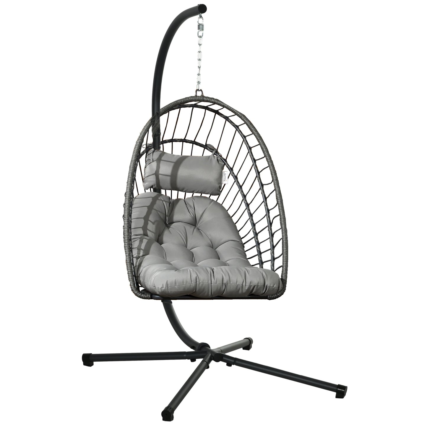 Rattan Hanging Swing Chair with Cushions and Stand - Light Grey