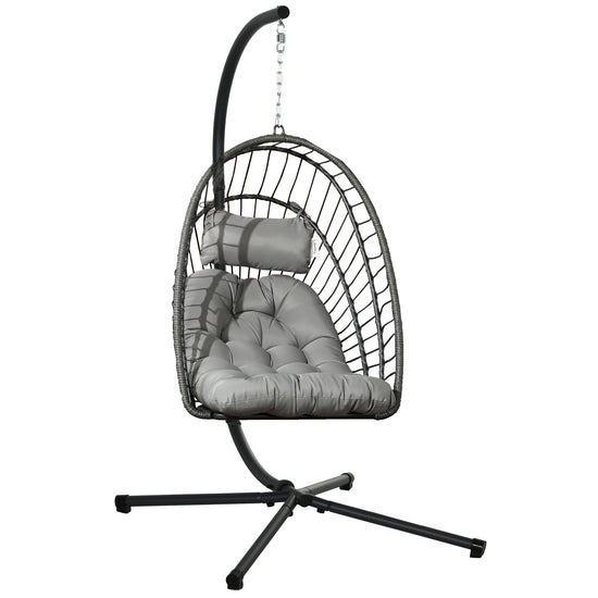 Rattan Hanging Swing Chair with Cushions and Stand - Light Grey
