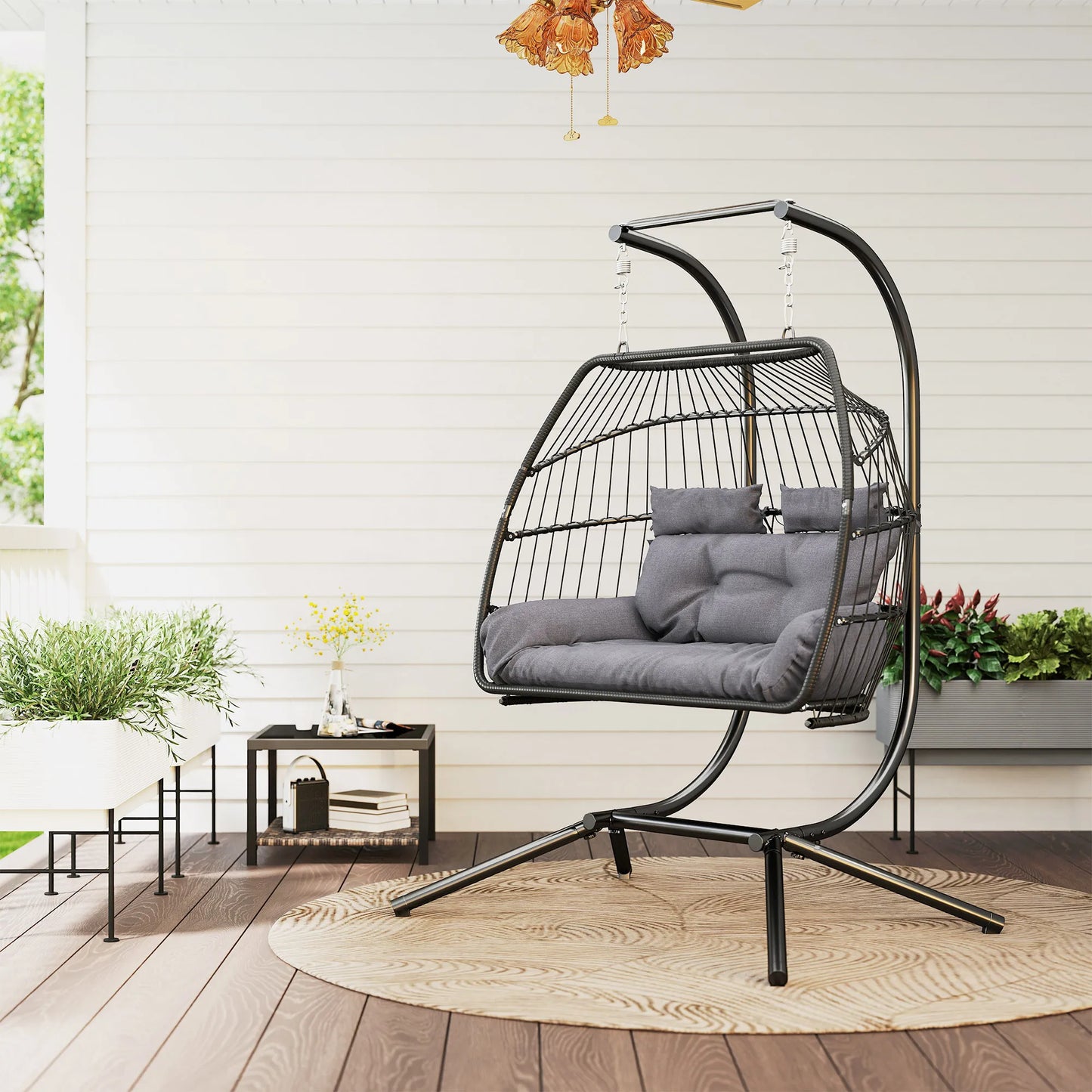 Outsunny Rattan Double Egg Chair with Stand and Cushions - Dark Grey
