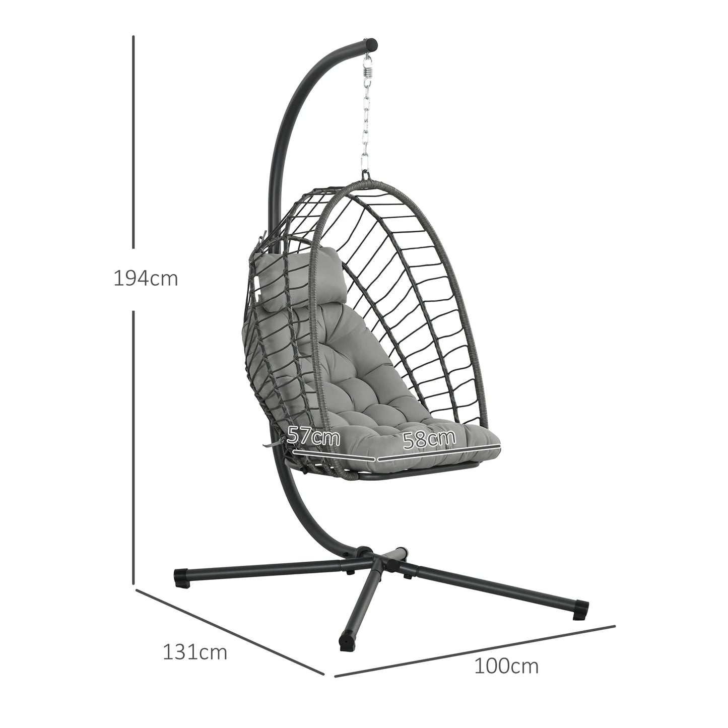 Rattan Hanging Swing Chair with Cushions and Stand - Light Grey