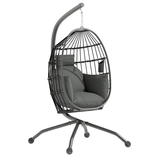 Hanging Egg Chair with Cushions and Stand - Dark Grey