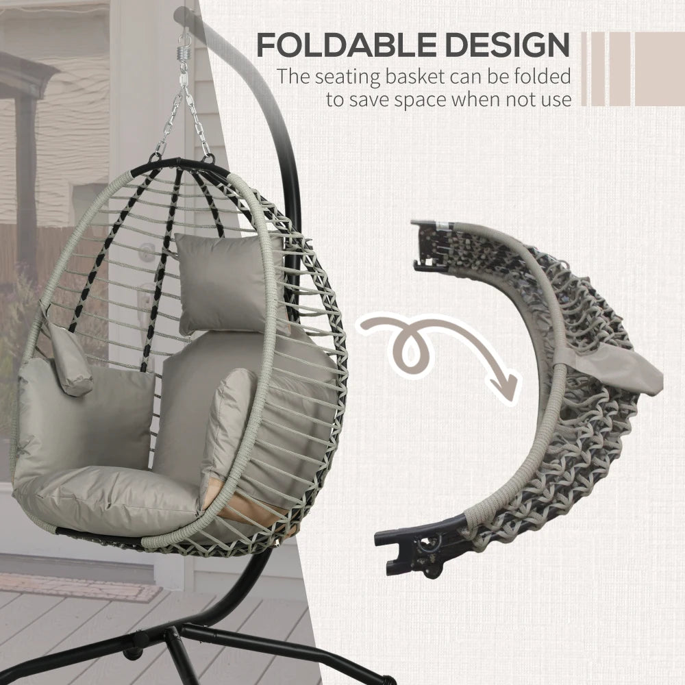 Rattan Hanging Egg Chair with Stand and Cushions - Grey
