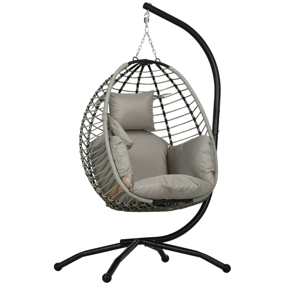 Rattan Hanging Egg Chair with Stand and Cushions - Grey