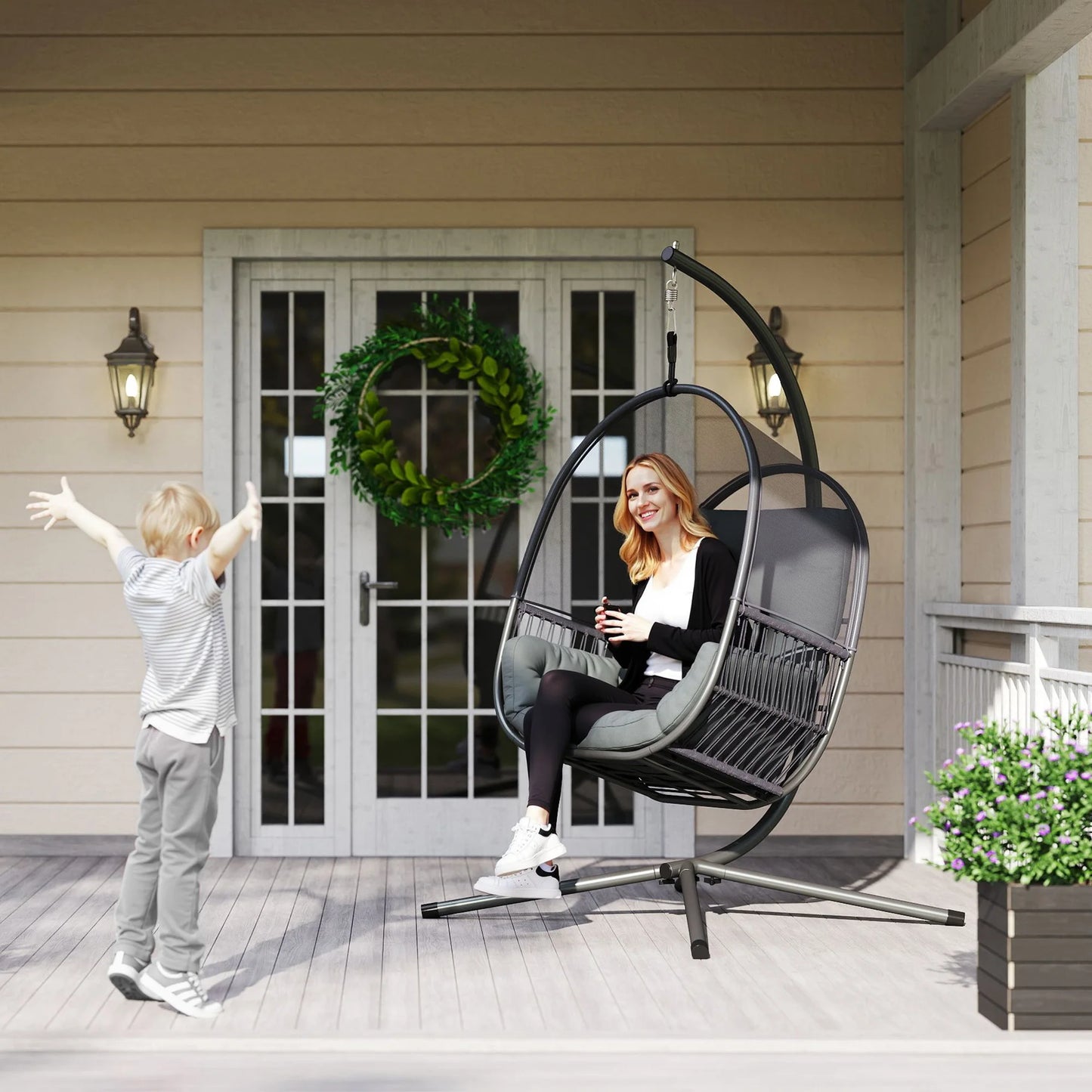 Outsunny Hanging Mesh Egg Chair with Stand and Cushions