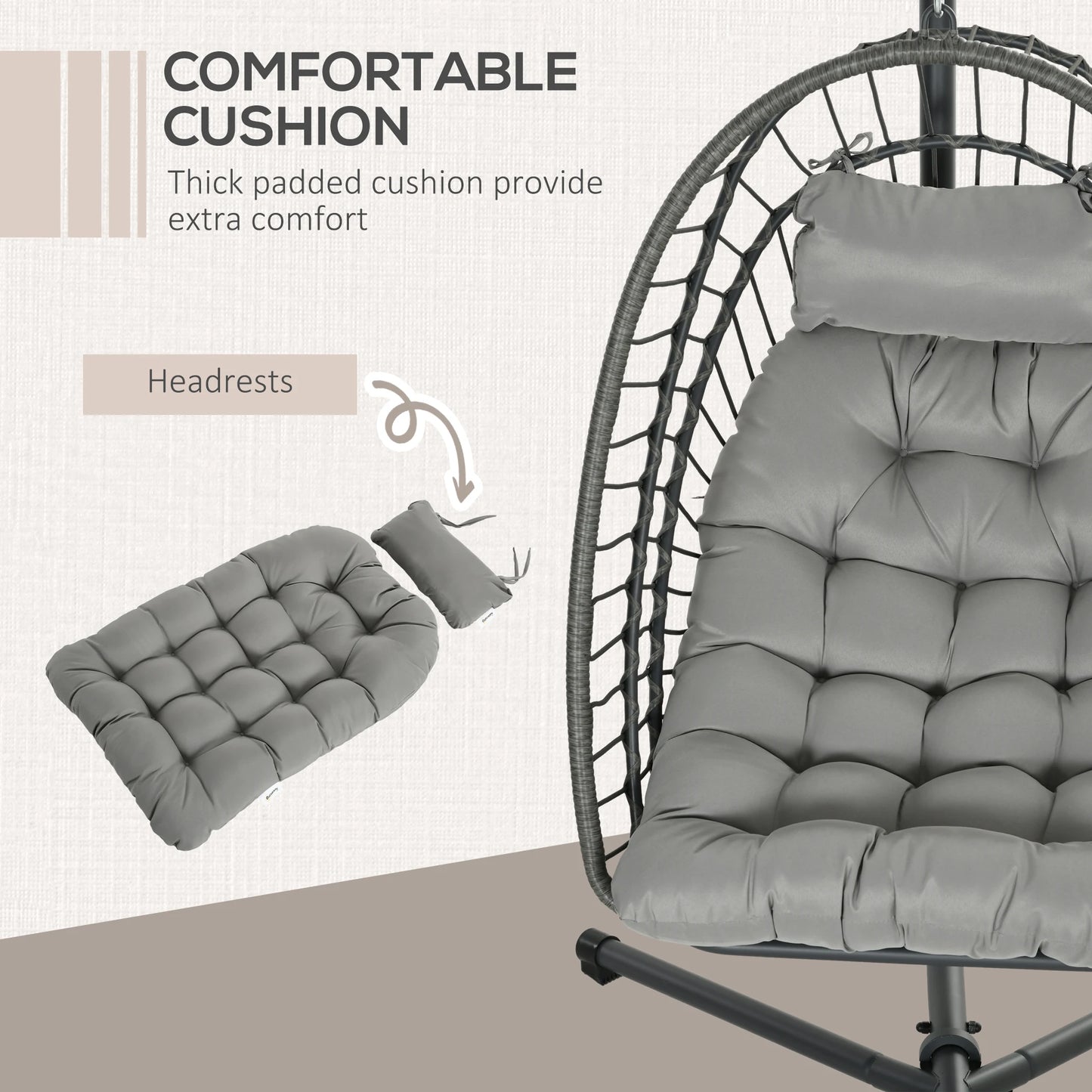 Rattan Hanging Swing Chair with Cushions and Stand - Light Grey