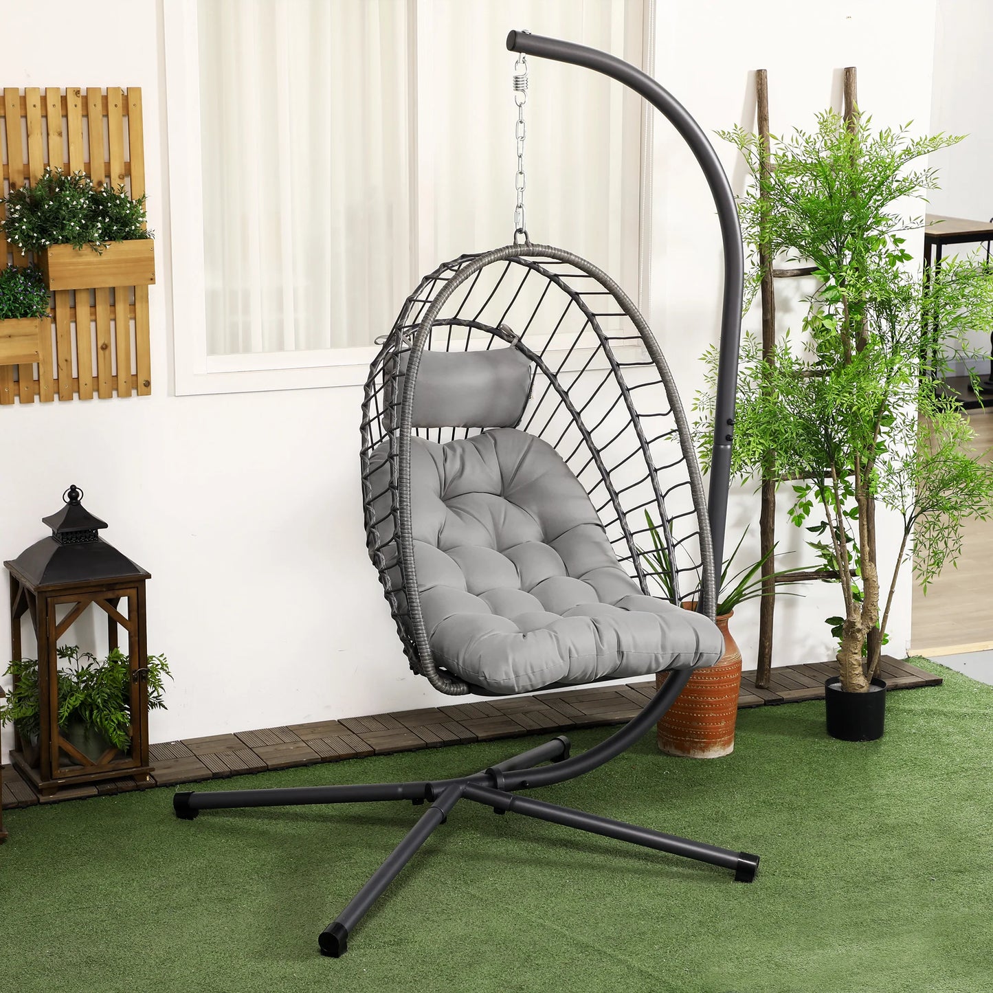 Rattan Hanging Swing Chair with Cushions and Stand - Light Grey
