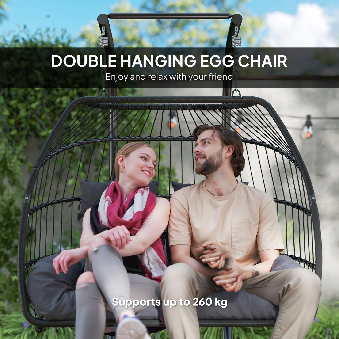 Outsunny Rattan Double Egg Chair with Stand and Cushions - Dark Grey