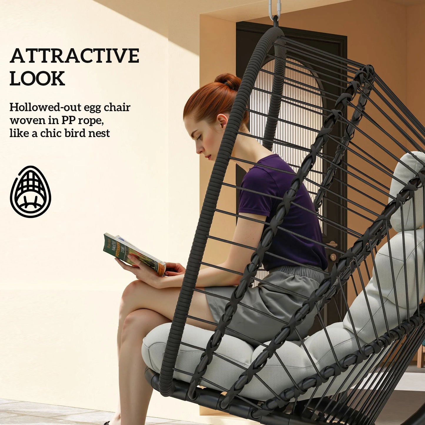 Rattan Hanging Egg Swing Chair with Cushion & Stand