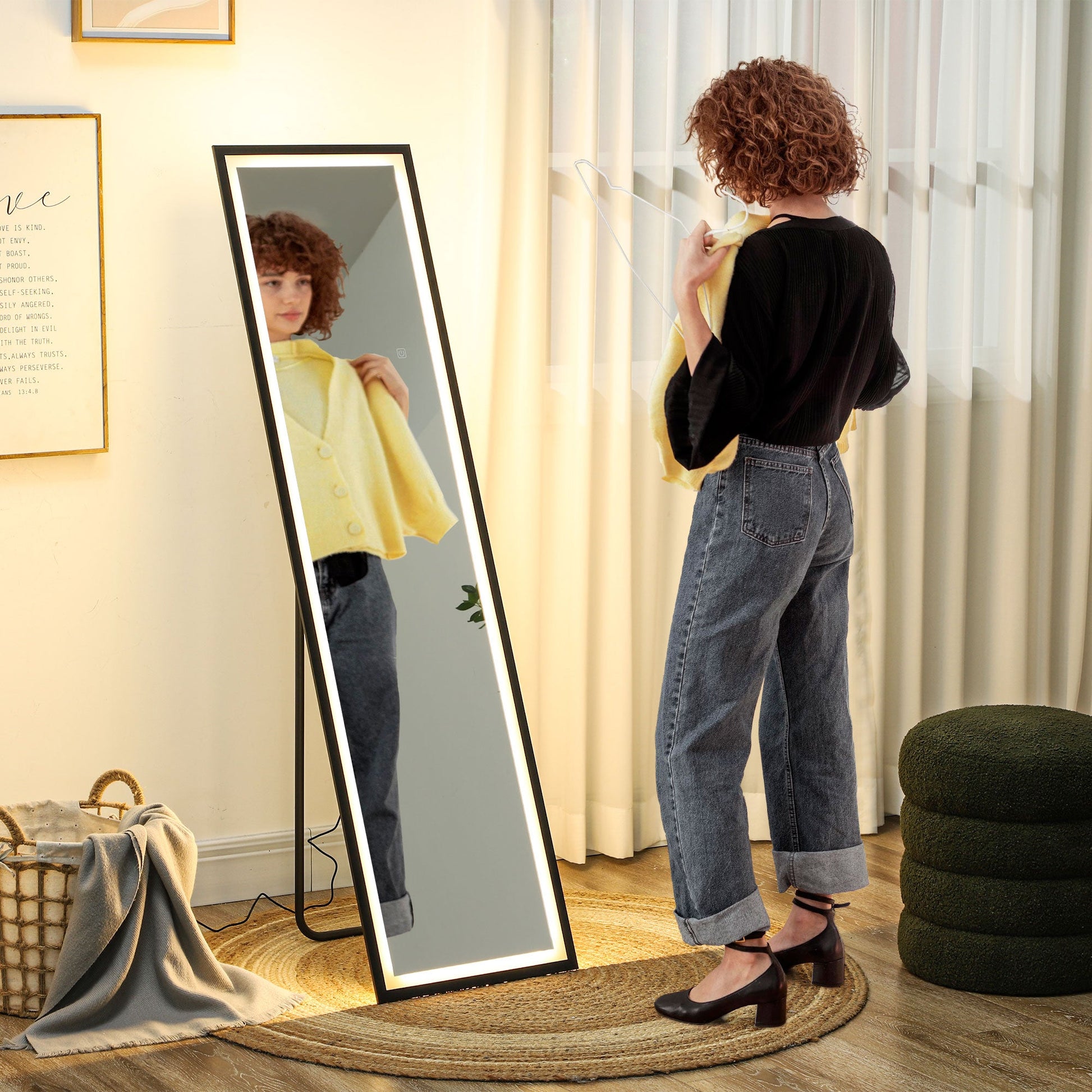 Full Length Mirror with LED Lights, 150 x 40cm Free Standing Mirror with Dimming and 3 Colour Lighting, Leaning or Wall Mirror with Metal Frame for Living Room, Bedroom, Black-1