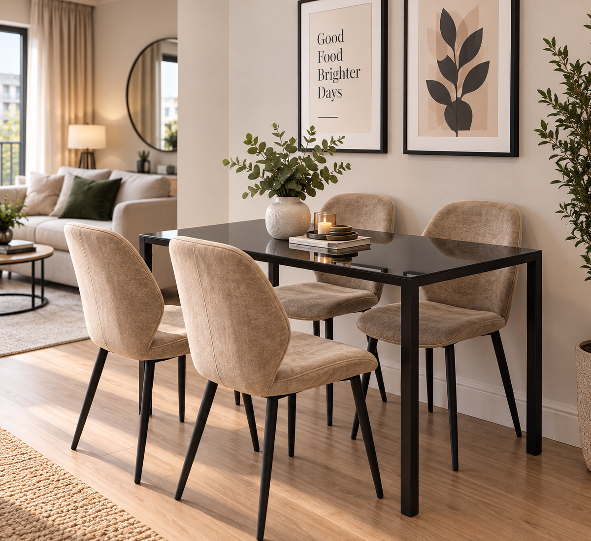 4-Seater Space-Saving Dining Set – Black & Beige
