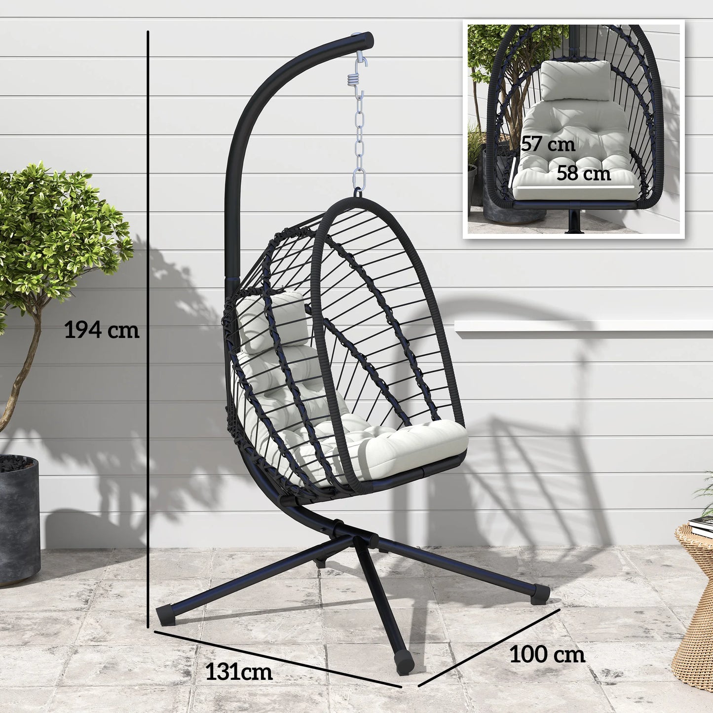 Rattan Hanging Egg Swing Chair with Cushion & Stand