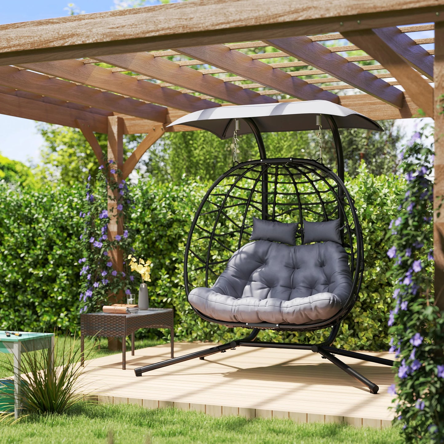Outsunny Rattan Double Hanging Egg Chair with Canopy - Black