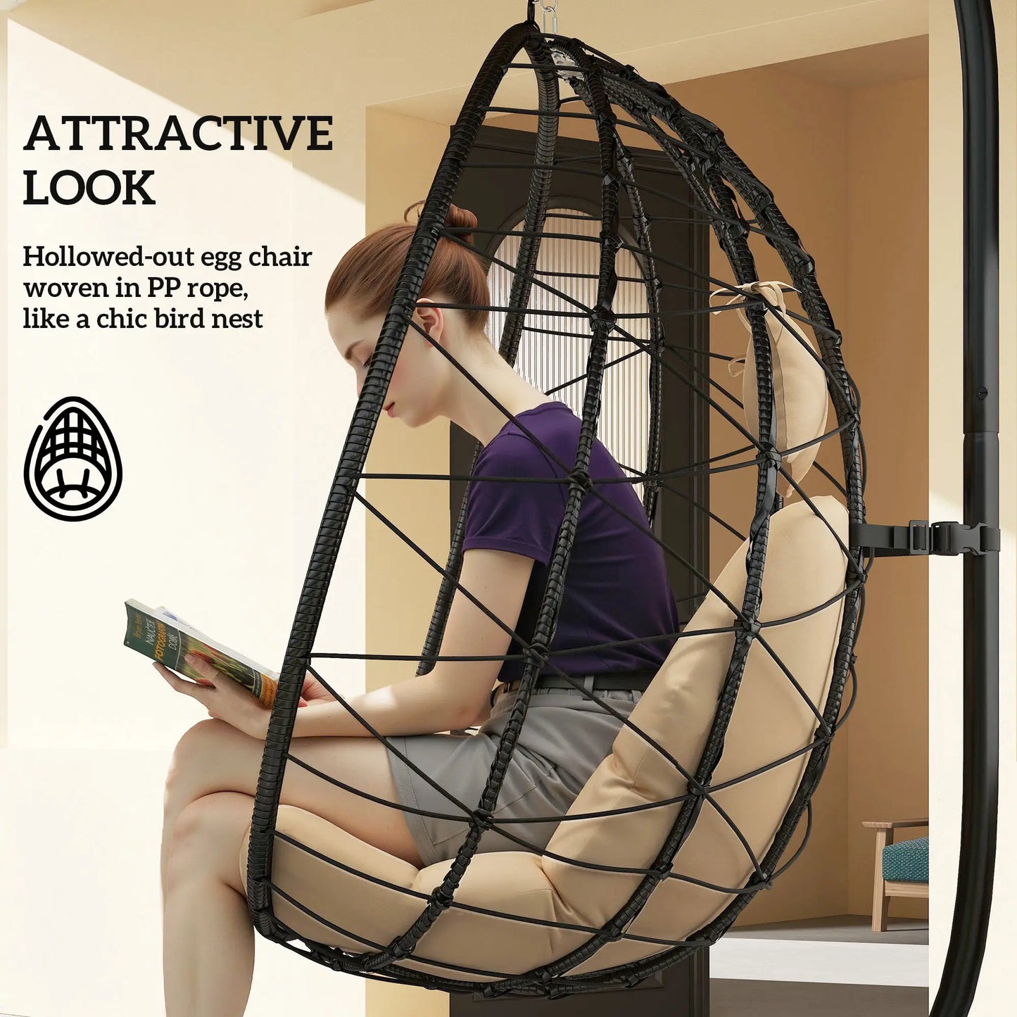 Serenity Rattan Hanging Egg Chair with Stand & Cushion - Black