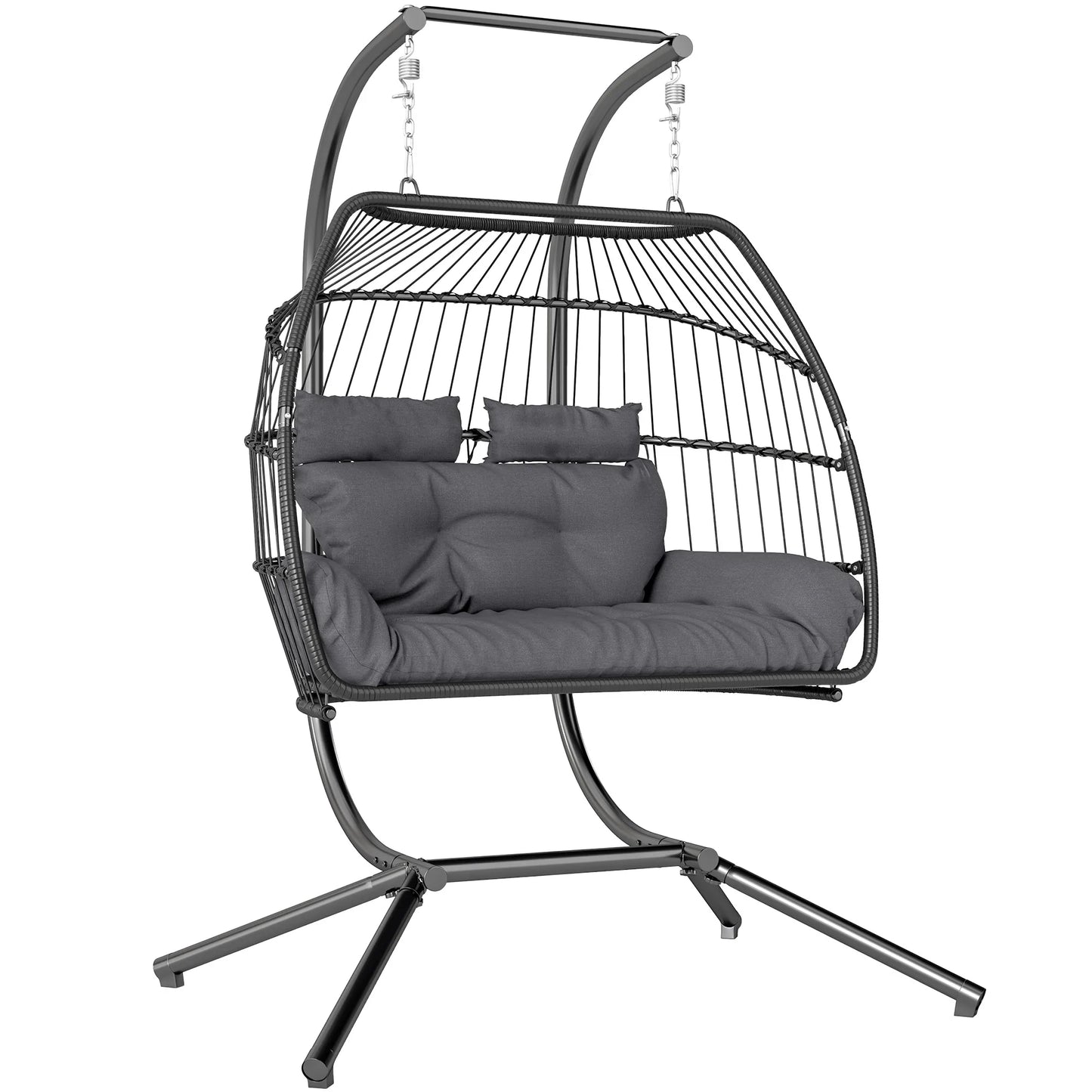 Outsunny Rattan Double Egg Chair with Stand and Cushions - Dark Grey