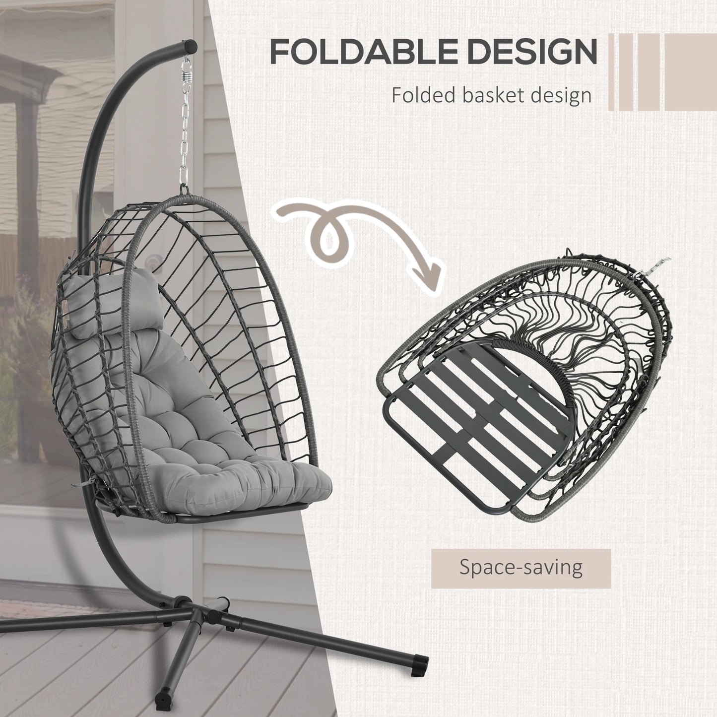 Rattan Hanging Swing Chair with Cushions and Stand - Light Grey