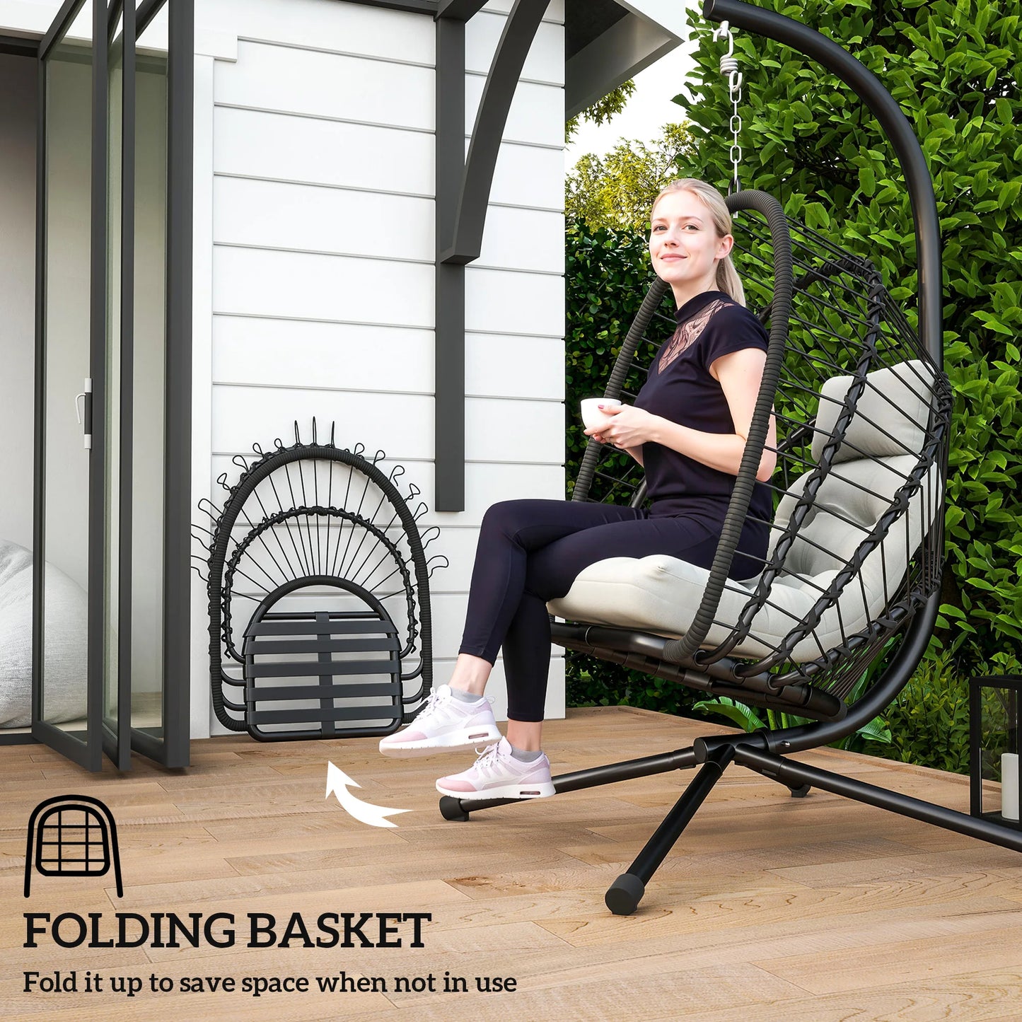 Rattan Hanging Egg Swing Chair with Cushion & Stand