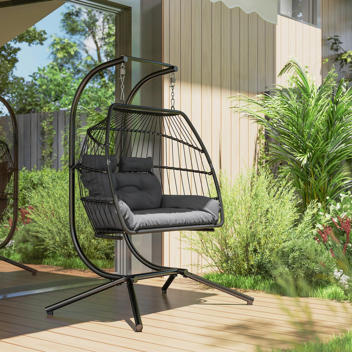 Outsunny Rattan Double Egg Chair with Stand and Cushions - Dark Grey