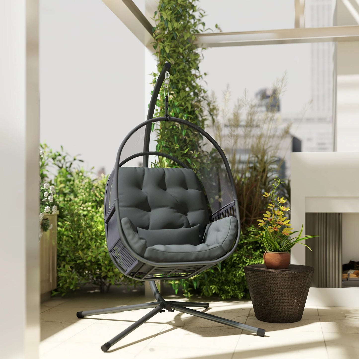 Outsunny Hanging Mesh Egg Chair with Stand and Cushions