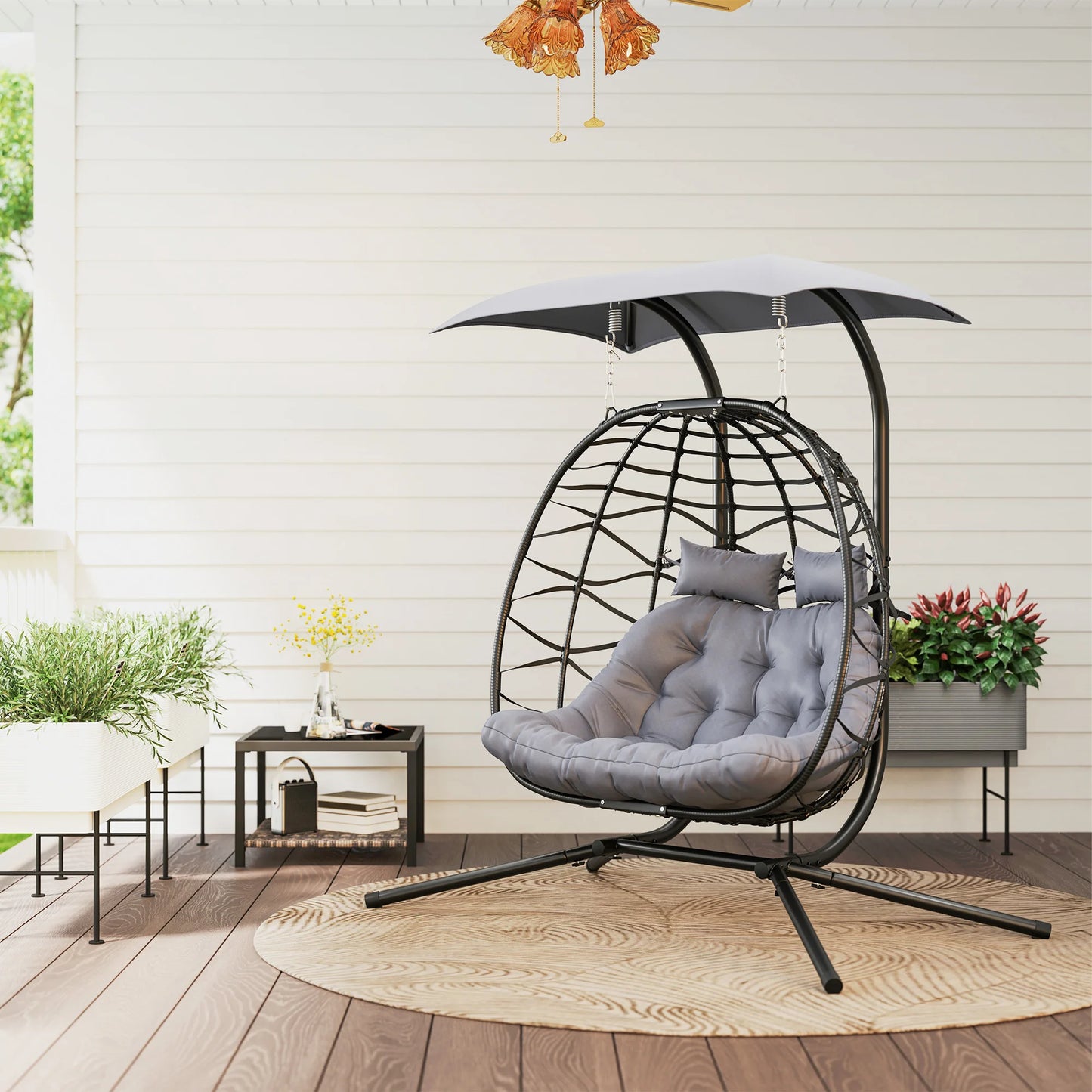 Outsunny Rattan Double Hanging Egg Chair with Canopy - Black