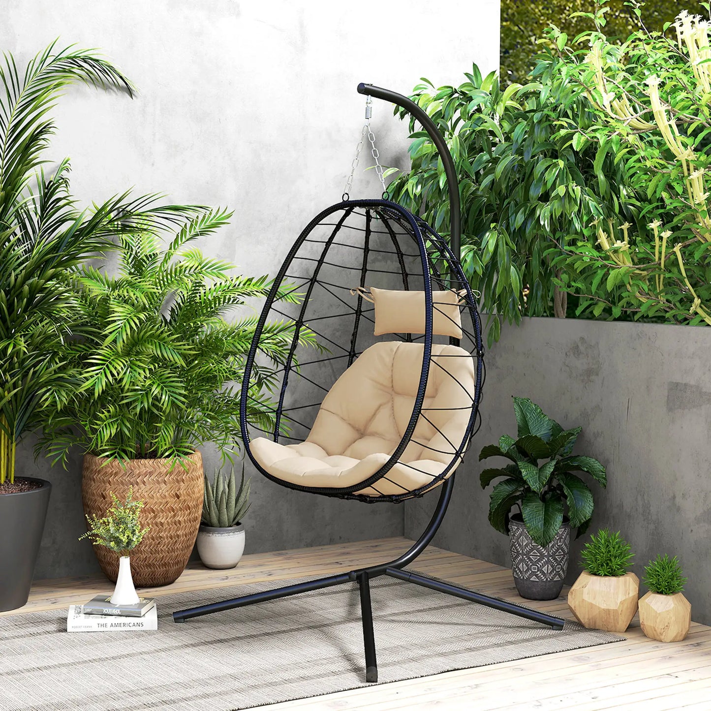 Serenity Rattan Hanging Egg Chair with Stand & Cushion - Black