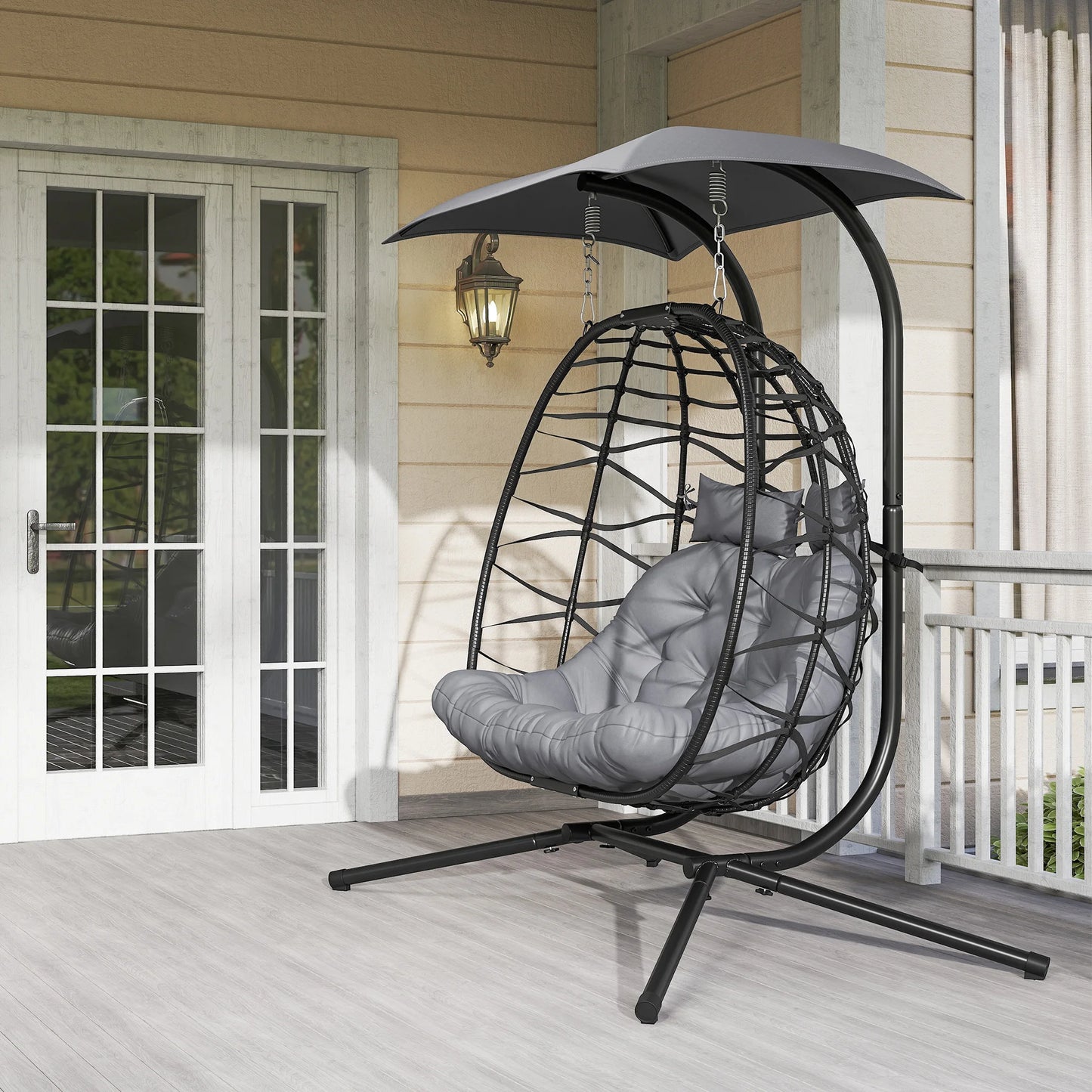 Outsunny Rattan Double Hanging Egg Chair with Canopy - Black