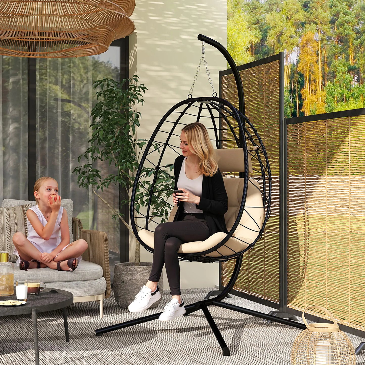 Serenity Rattan Hanging Egg Chair with Stand & Cushion - Black
