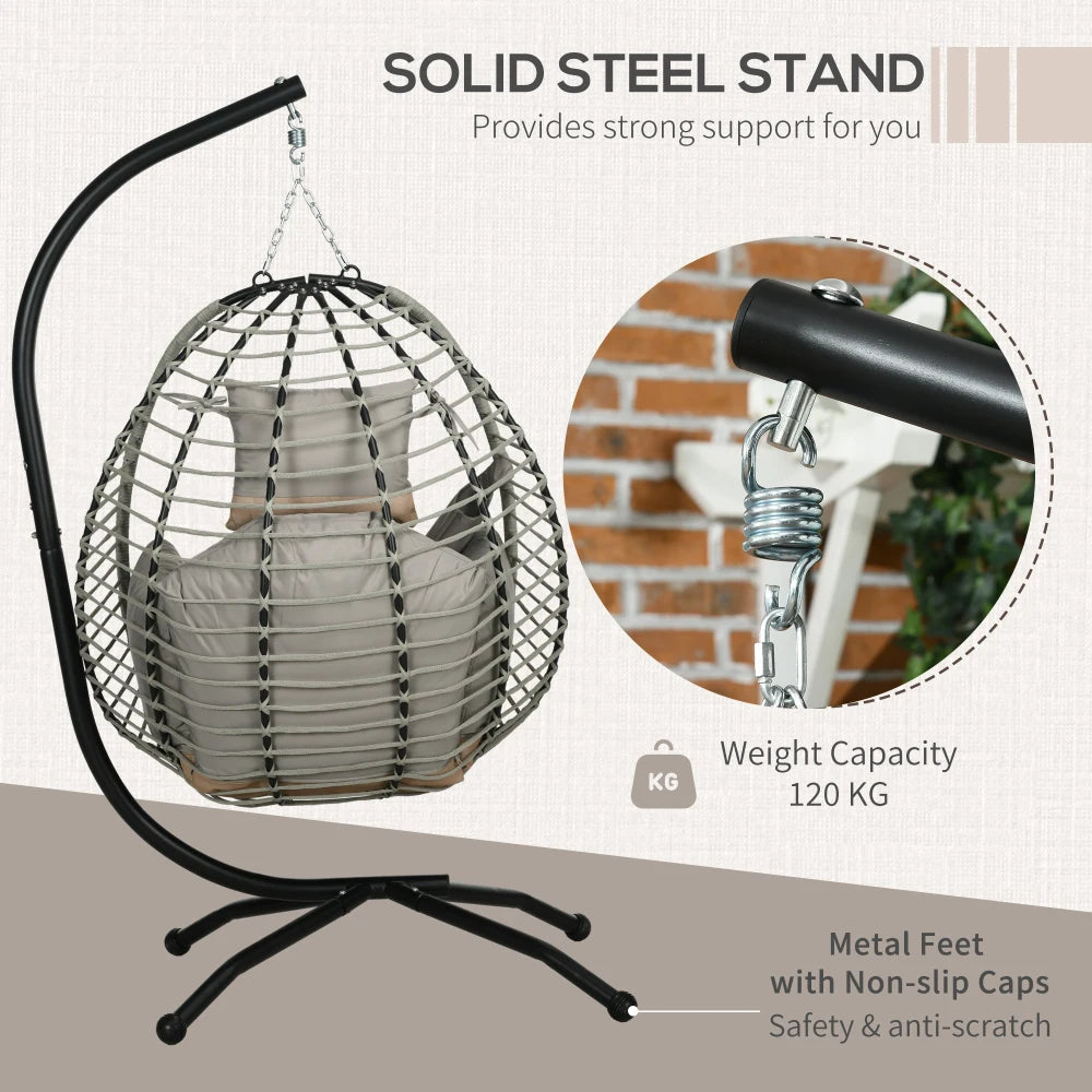 Rattan Hanging Egg Chair with Stand and Cushions - Grey
