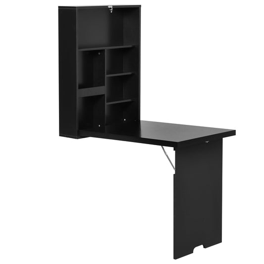Folding Wall-Mounted Drop-Leaf Table With Chalkboard Shelf Multifunction Black-0