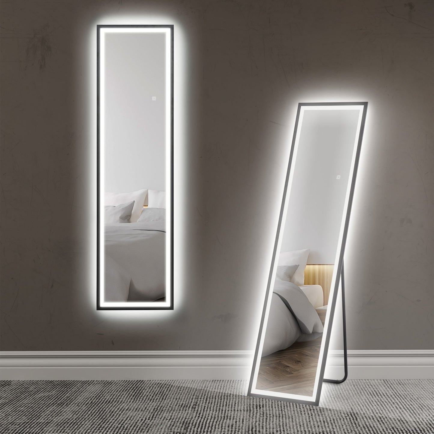 Full Length Mirror with LED Lights, 150 x 40cm Free Standing Mirror with Dimming and 3 Colour Lighting, Leaning or Wall Mirror with Metal Frame for Living Room, Bedroom, Black-0