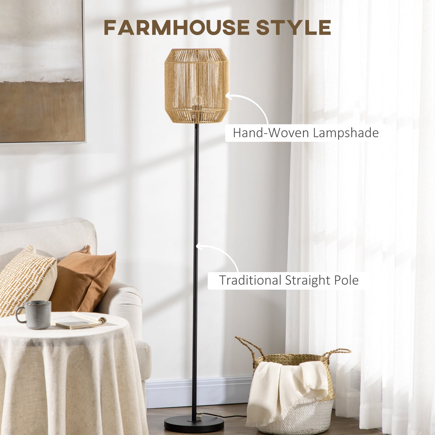 Farmhouse Standing Lamp, Floor Lamps with Hand Woven Rattan Lampshade for Living Room-3