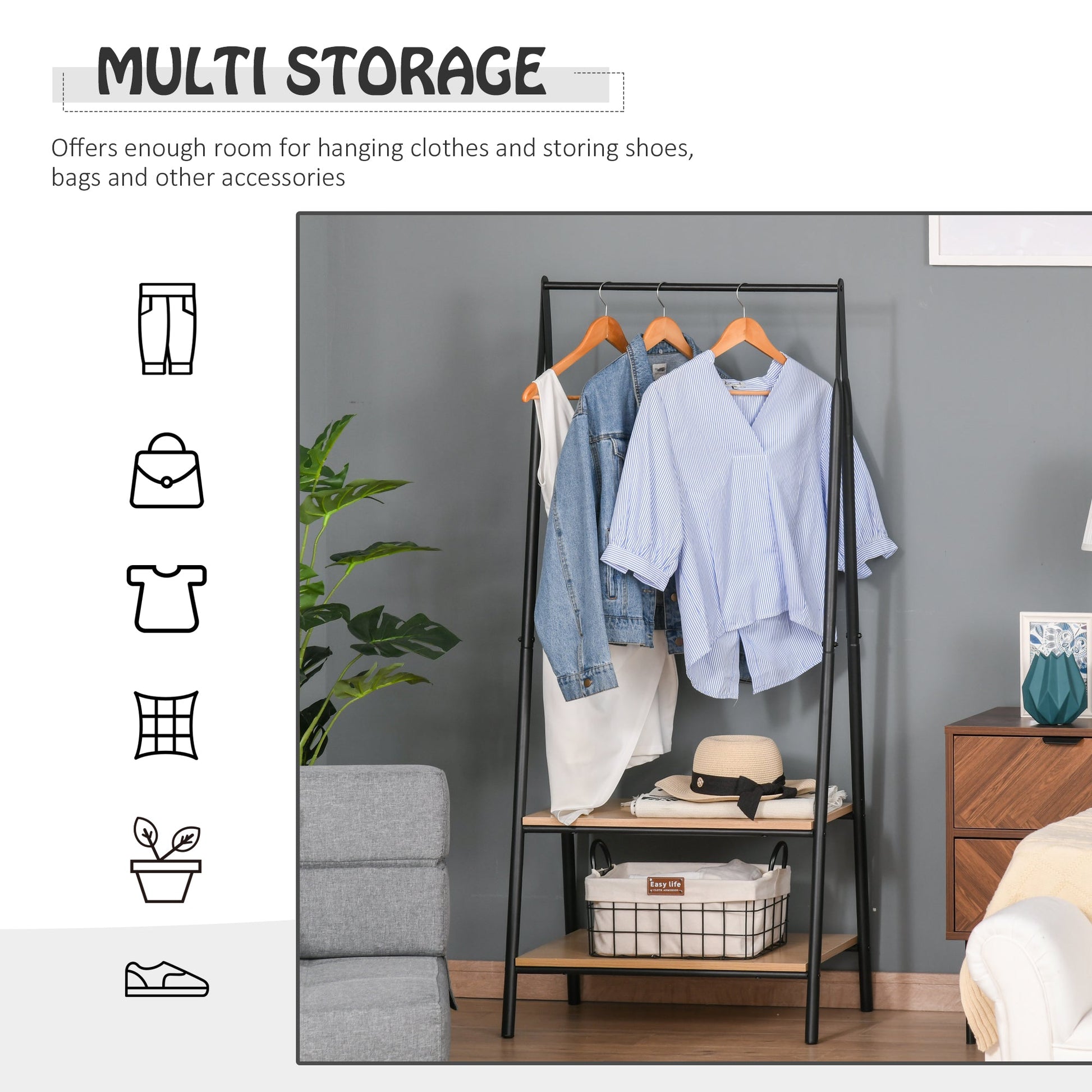 Clothes Rail, Freestanding Metal Clothes Rack with 2 Tier Storage Shelves for Bedroom and Entryway, 64 x 42.5 x 149 cm, Black Frame-4