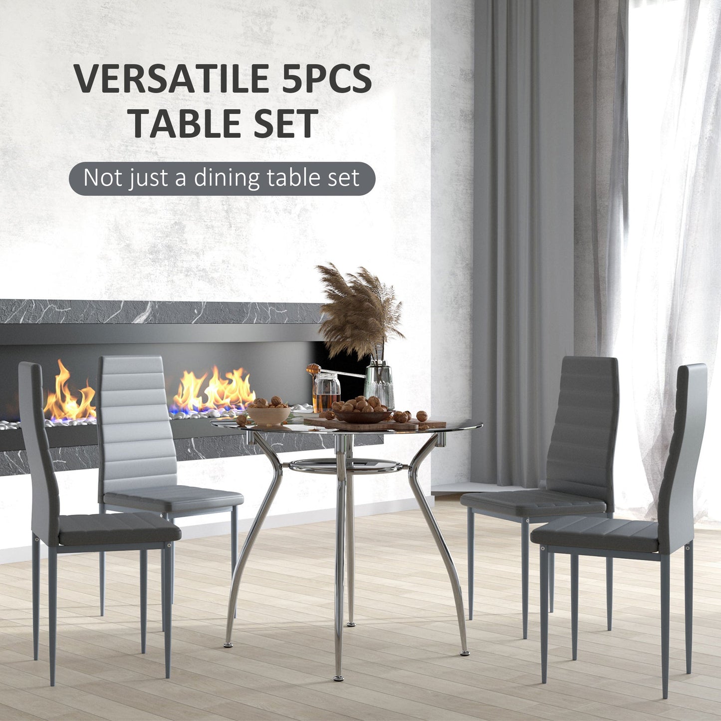 Five-Piece Dining Set, with Padded Chairs and Glass-Top Table - Grey-3