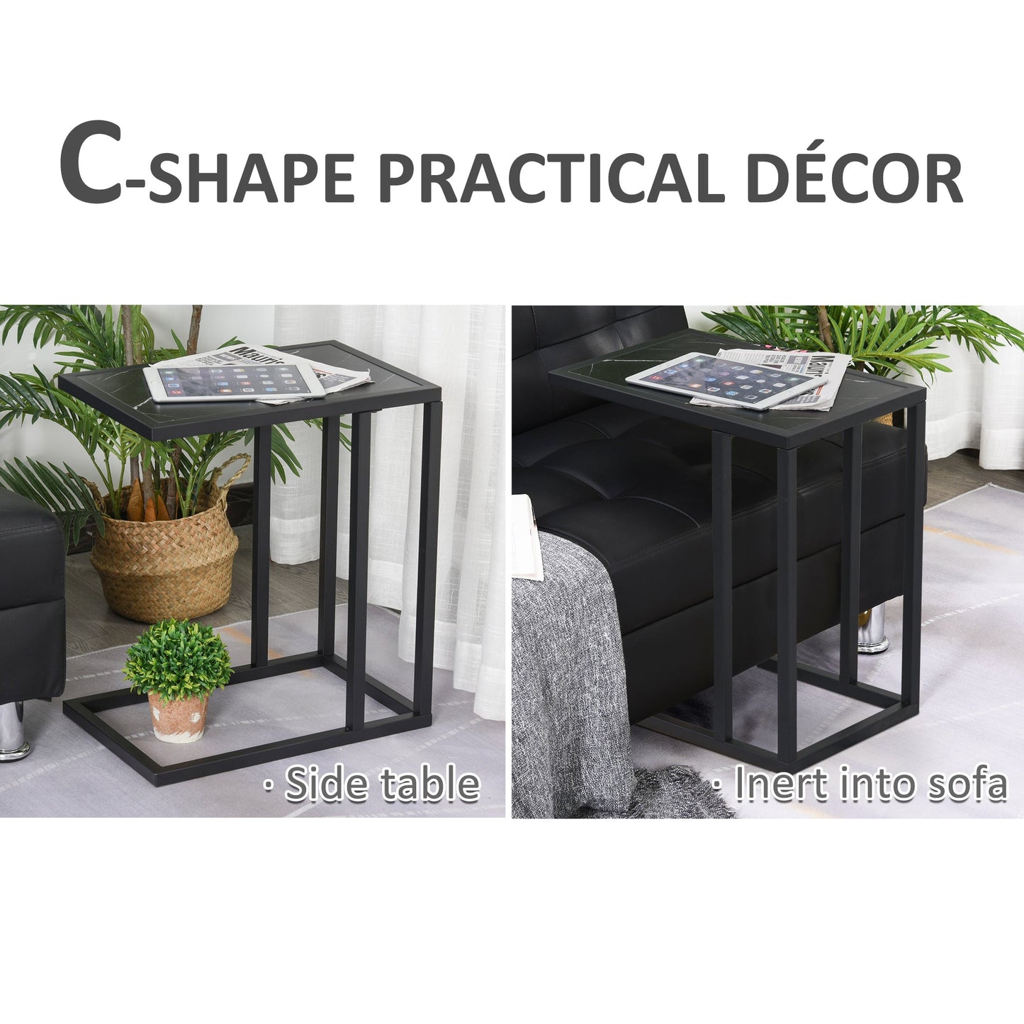 C Shape Side Table Marble-Effect Top w/ Metal Frame Space-Saving Home Furniture Bedroom Living Room Office Corner Desk Black White-3