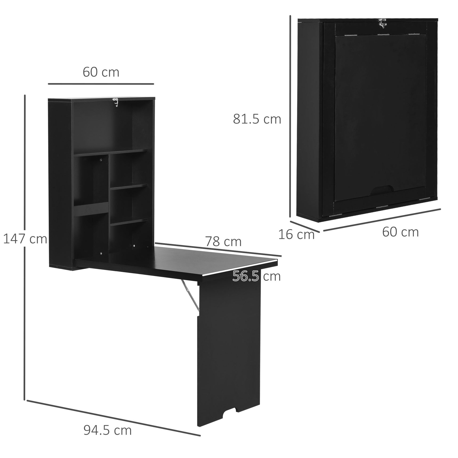 Folding Wall-Mounted Drop-Leaf Table With Chalkboard Shelf Multifunction Black-2
