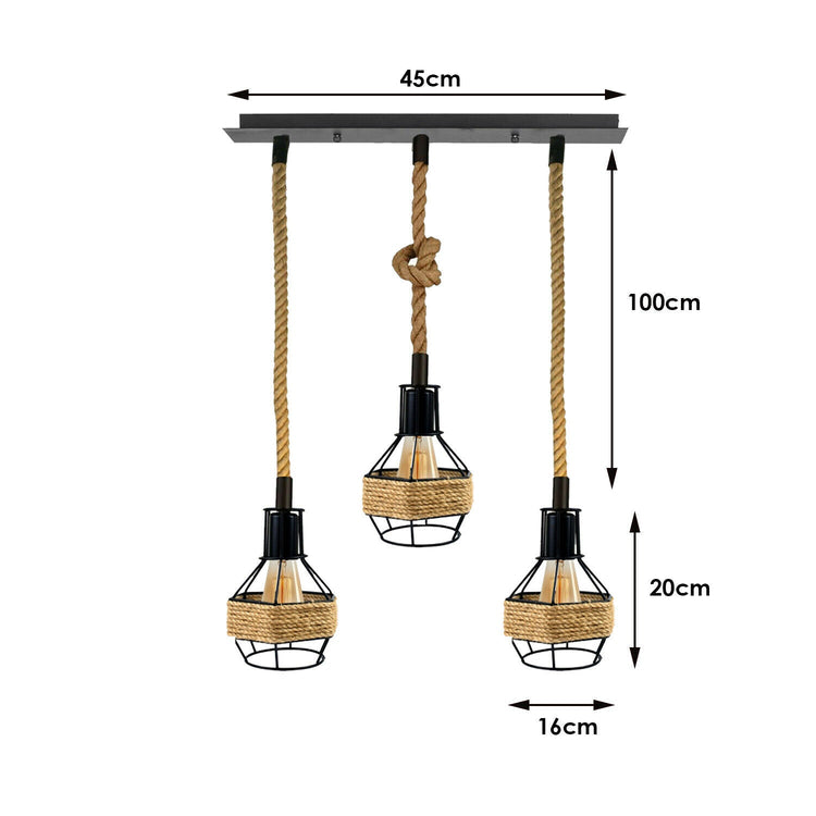 Vintage Industrial E27 3 Head Hemp Rope Pendant Ceiling Light Retro Decor~2230-3
