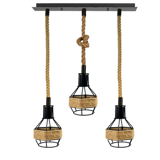 Vintage Industrial E27 3 Head Hemp Rope Pendant Ceiling Light Retro Decor~2230-1